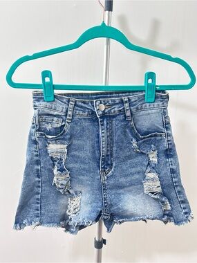 High-Rise Distressed Denim Shorts - Blue